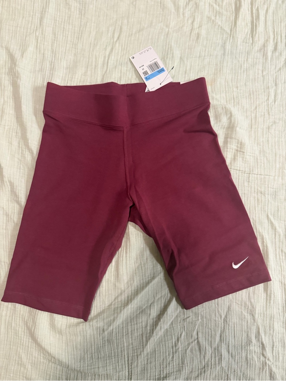 Nike Women's Burgundy High-Rise Bike Shorts with White Swoosh